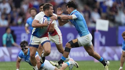 Antoine Dupont lors du deuxième match de poules de la France contre l'Uruguay, dans le cadre du tournoi olympique de rugby à 7, au Stade de France, le 24 juillet 2024. (CROSNIER JULIEN / KMSP)