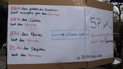 Panneau montrant des inégalités entre femmes et hommes dans les professions et fonctions électives, par rapport aux études, lors d'une manifestation contre les inégalités salariales hommes-femmes, place de la République à Paris, le 7 novembre 2016.&nbsp; (CLOTHILDE LENGLINE/SIPA)