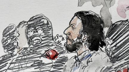 Un dessin de Salah Abdeslam avant l'ouverture de son procès au palais de justice de Bruxelles (Belgique), le 5 février 2018. (BENOIT PEYRUCQ / AFP)