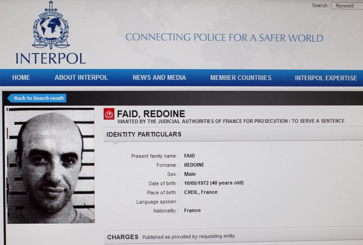 Capture d'écran, le 15 avril 2013, de la fiche émise par Interpol sur Redoine Faïd après son évasion de Sequedin (Nord). (INTERPOL / AFP)