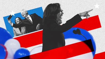 La candidate démocrate à la présidentielle américaine de 2024, Kamala Harris, et son colistier Tim Walz. (AFP / GETTY IMAGES / PAULINE LE NOURS / FRANCEINFO)