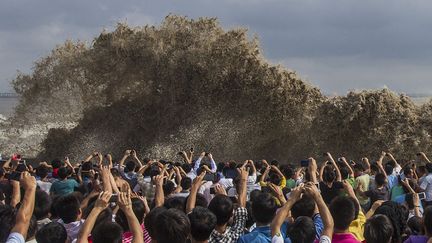 Des curieux prennent en photo les vagues g&eacute;antes provoqu&eacute;es par le typhon Usagi &agrave;&nbsp;Hangzhou (Chine), le 22 septembre 2013. (CHANCE CHAN / REUTERS)