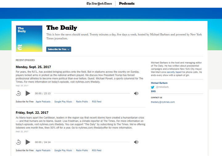 Interface du site The Daily (The New York Times)