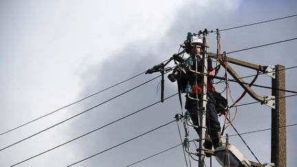 Un technicien d'Enedis répare une ligne endommagée par le vent, le 21 octobre 2021 à Plozevet (Finistère). (FRED TANNEAU / AFP)