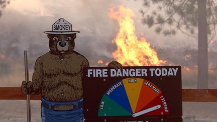 Des flammes derrière un panneau d'avertissement "Smokey the Bear" sur les risques d'incendie, le 24 juillet 2022, près de&nbsp;Jerseydale, en Californie. (JUSTIN SULLIVAN / GETTY IMAGES NORTH AMERICA)