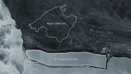 L’Agence spatiale européenne (ESA) a diffusé, le 20 mai 2021, une vue de l’iceberg A-76 au large de la banquise de Ronne, dans la mer de Weddell, en Antarctique. (HANDOUT / EUROPEAN SPACE AGENCY / AFP)