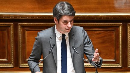 Le Premier ministre, Gabriel Attal, prononce la déclaration de politique générale de son gouvernement devant le Sénat, le 31 janvier 2024, à Paris. (MIGUEL MEDINA / AFP)