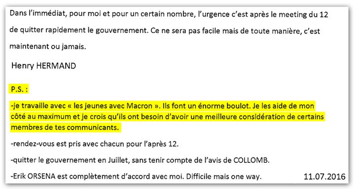 "Je travaille avec les Jeunes avec Macron. Ils font un énorme boulot" - Note écrite par Henri Hermand pour Emmanuel Macron.  (RADIOFRANCE)