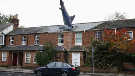 Une sculpture repr&eacute;sentant un requin dans le toit d'une maison d'Oxford (Royaume-Uni), install&eacute;e &agrave; l'occasion du 41&egrave;me anniversaire du bombardement de Nagasaki (Japon), le 26 octobre 2013. (EDDIE KEOGH / REUTERS)
