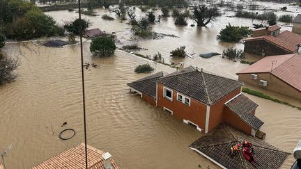 Une vue aérienne de la commune de Limony (Loire), touchée par des inondations le 18 octobre 2024. (FABRICE GHIOTTI / SECURITE CIVILE / AFP)