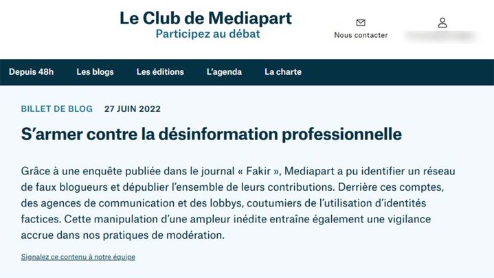 Capture d’écran du Blog de Médiapart suite au retrait de nombreux billets écrits par des lobbyistes d’agences de communication. (SITE DE MEDIAPART)