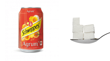 Une canette de 33 cl de Schweppes Agrum' contient 23,4 g de sucre, soit 4,17 morceaux. ( DR )