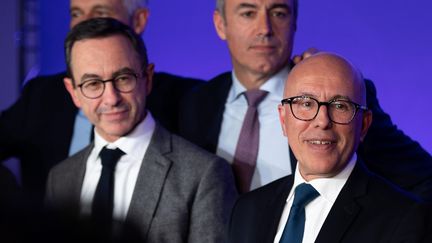 From left to right, Bruno Retailleau, president of the Les Républicains group in the Senate, Olivier Marleix, LR president of the parliamentary group, Eric Ciotti, president of the LR party, January 24, 2023 in Paris.  (MYLENE DEROCHE / MAXPPP)