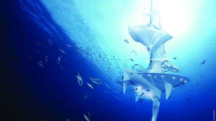 Image générée par un ordinateur et créée par l'architecte Jacques Rougerie. Elle montre le vaisseau de recherche du futur SeaOrbiter, dont la construction devait commencer en 2014. Ce laboratoire, un semi-submersible était prévu pour permettre à des scientifiques et d'autres personnes de vivre sous la surface de l'océan. SeaOrbiter faute de financement, n'a pas encore pu voir le jour... (JACQUES ROUGERIE / SEAORBITER / AFP)