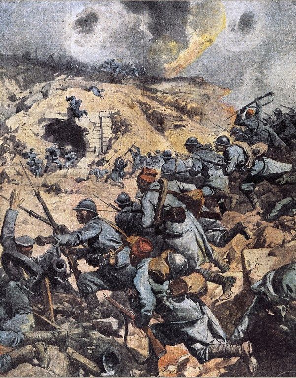 Troupes coloniales (regiment d'infanterie marocain, tirailleurs senegalais) prenant d'assaut, le 24 octobre 1916, le fort de Douaumont pres de Verdun, occupé par l'armee allemande. Illustration d'Achille Beltrame pour l'hebdomadaire italien «La Domenica del Corriere», 5 novembre 1916. Collection privee  (Isadora/Leemage - AFP)