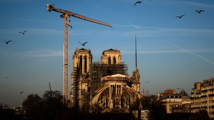 Notre-Dame de Paris, surmontée d'une grue à l'arrêt et toujours enserrée dans son échaffaudage, un an après l'incendie du 15 avril 2019. (PHILIPPE LOPEZ / AFP)