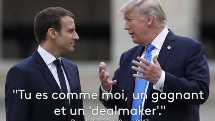 Donald Trump, ici photographié dans la cour des Invalides à Paris le 13 juillet 2017, a&nbsp;qualifié son homologue français de "faiseur d'accord" au lendemain de son élection, selon "Le Monde". (YVES HERMAN / AP / SIPA)