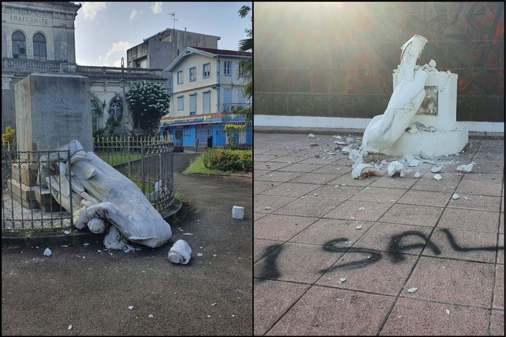 Les statues de Victor Schoelcher situées à Schoelcher et à Fort-de-France ont été détruites&nbsp;le 22 mai 2020 (CLAUDE GRATIEN / MARTINIQUE LA 1ERE)