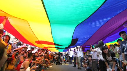 Des dizaines de milliers de personnes ont march&eacute; dans Taipei (Taiwan ) samedi 27 octobre 2012 pour demander la l&eacute;galisation du mariage homosexuel, lors d'une 10e Gay Pride. (MAXPPP)