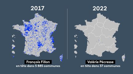 Les communes où le candidat LR arrivait en tête au premier tour de l'élection présidentielle en 2017 et en 2022.&nbsp; (FRANCEINFO)