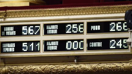 La r&eacute;partition des votes pour le volet recettes du budget 2015 est affich&eacute;e &agrave; l'Assembl&eacute;e nationale, le 21 octobre 2014. (ERIC FEFERBERG / AFP)