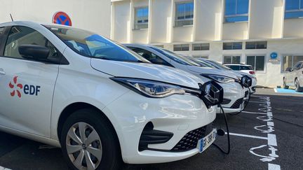 Des voitures électriques EDF en charge à La Réunion. (LAURIANE DELANOE - RADIO FRANCE)