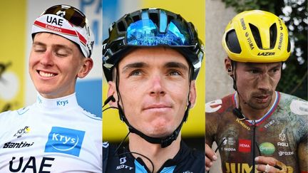 Tadej Pogacar (à gauche), Romain Bardet (au centre) et Primoz Roglic, ont marqué la cinquième étape du Tour de France entre Lille et Arenberg, le 6 juillet 2022. (AFP)