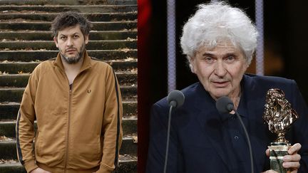 Christophe Honoré à Lyon en 2019 (à gauche) et&nbsp;Alain Françon recevant un Molière à Paris en 2016 (AFP)