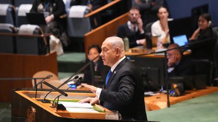 Israeli Prime Minister Benjamin Netanyahu speaks during the 79th session of the United Nations General Assembly at the United Nations headquarters in New York, September 27, 2024. (BRYAN R. SMITH / AFP)