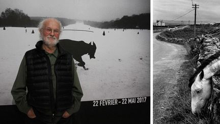 Josef Koudelka devant l'affiche de l'exposition "La fabrique d'Exils" au Centre Pompidou. A droite, sa photo "Irlande", 1972, Collection Centre Pompidou, Paris, Don de l'artiste 2016
 (A gauche © photo Ginies / SIPA - A droite © Josef Koudelka / Magnum Photos © Centre Pompidou / Dist. RMN-GP)