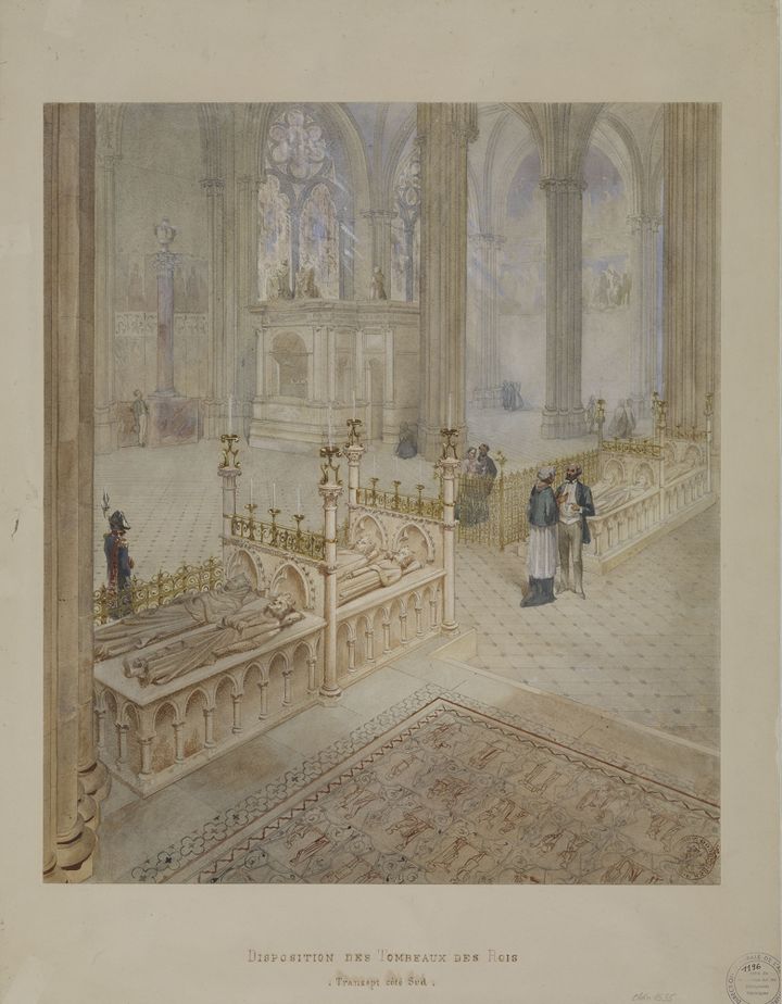 Vue du transept sud de l’Abbaye royale de Saint-Denis. Viollet-le-Duc discutant du projet de remise en place des tombeaux. Dessin ; aquarelle / Charenton-le-Pont, Médiathèque de l’architecture et du patrimoine, 1996/083 – 1196
 (© Ministère de la Culture - Médiathèque de l’architecture et du Patrimoine, Dist. RMN-Grand Palais /Image RMN-GP)