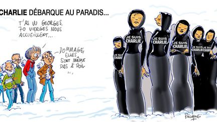 L'attaque contre le journal Charlie Hebdo mercredi 7 janvier 2014 a fait 12 morts.Voici l'hommage du dessinateur de Géopolis Franck Pucques à ses quatre confrères assassinés et aux autres disparus et blessés. (Franck Pucques)