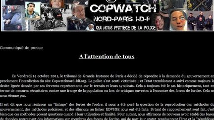 Page d'accueil du site Copwatch-Nord-Ile-de-France, r&eacute;activ&eacute; le 25 janvier 2012.&nbsp; (FTVI)