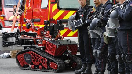 Des sapeurs-pompiers de Paris aux côtés de Colossus, à la préfecture de police de Paris, le 1er septembre 2017. (PATRICK KOVARIK / AFP)