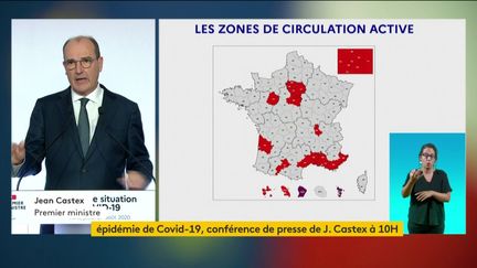 Jean Castex présente la carte des 21 départements en zone de circulation active du coronavirus,&nbsp;le 27 août 2020.&nbsp; (FRANCEINFO)