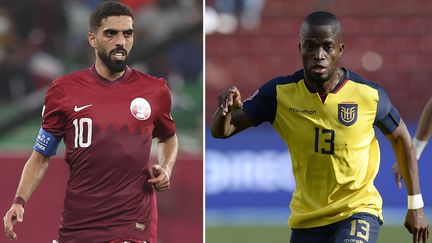 Le Qatarien Hassan al-Haydos et l'Equatorien Enner Valencia vont s'affronter, dimanche 20 novembre, au stade Al-Bayt. (RODRIGO BUENDIA,KARIM JAAFAR / AFP)