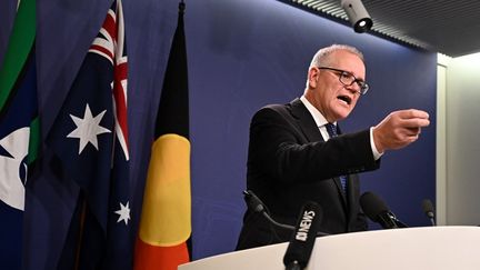 L'ancien Premier ministre australien Scott Morrison lors d'une conférence de presse à Sydney, le 17 août 2022.&nbsp; (STEVEN SAPHORE / AFP)