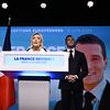 Marine Le Pen, cheffe de file des députés RN, prend la parole au côté de la tête de liste du parti aux européennes, Jordan Bardella, le 9 juin 2024 à Paris. (JULIEN DE ROSA / AFP)