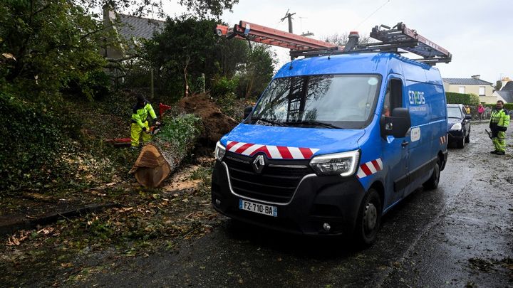 Des arbres tombés au sol ont dû être débités pour laisser passer les équipes d'intervention, comme à Lanildut (Finistère), le 2 novembre 2023. (DAMIEN MEYER / AFP)