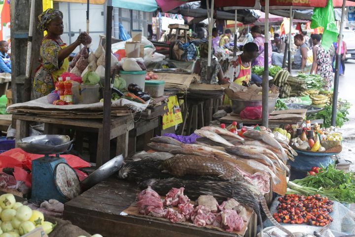 De la viande de pangolin sur un marché de viande de brousse, à Libreville, au Gabon, le 7 mars 2020.&nbsp; (STEEVE JORDAN / AFP)