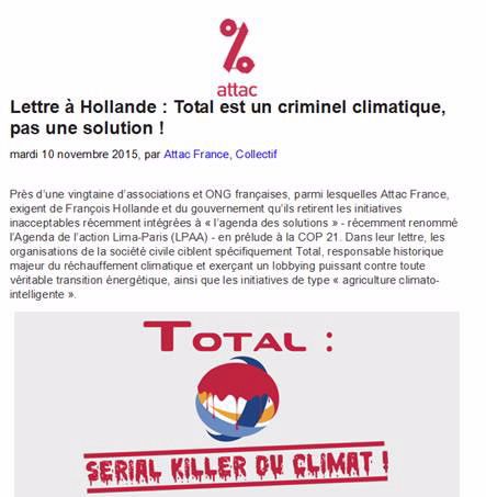 Capture d'écran d'un article de l'association Attac France, condamnant les pratiques du groupe Total.&nbsp; (ATTAC FRANCE)