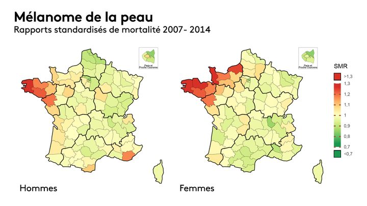 La carte de la surmortalité du mélanome de la peau en France entre 2007 et 2016 (rapports standardisés, source : Santé publique France). (FRANCEINFO)