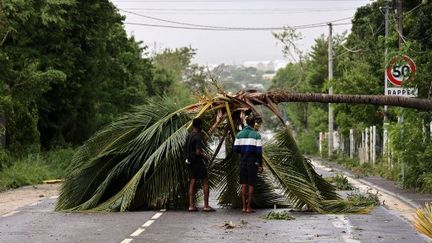 Des habitants de La Réunion sur une route, après le passage du cyclone Belal, en janvier 2024. (RICHARD BOUHET / AFP)