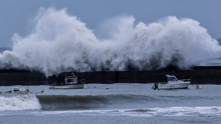 Une vague touche la c&ocirc;te &agrave; Ploemeur (Morbihan), le 9 f&eacute;vrier 2014. (BRUNO PERREL / CITIZENSIDE.COM / AFP)