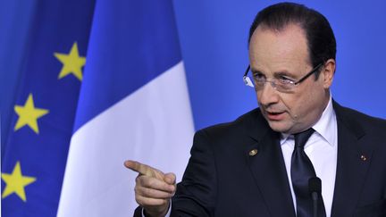 Fran&ccedil;ois Hollande lors d'une conf&eacute;rence de presse au sommet europ&eacute;en de Bruxelles (Belgique), le 14 mars 2013. (ERIC VIDAL / REUTERS)