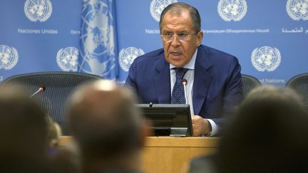 Le ministre des Affaires &eacute;trang&egrave;res russes, Sergue&iuml; Lavrov, lors d'une conf&eacute;rence de presse &agrave; l'ONU, le 1er octobre 2015. (ANDREW KELLY / REUTERS)