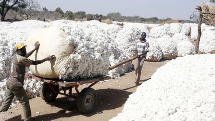 Des fermiers burkinabè transportent du coton lors de la campagne de 2007 à Pama, au centre du pays. (ISSOUF SANOGO / AFP)