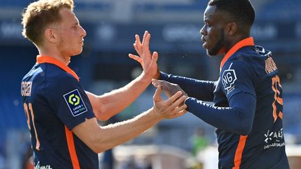 Stephy Mavididi et Nicolas Cozza lors de la 30e journée de Ligue 1 face à Bordeaux, dimanche 21 mars 2021.  (PASCAL GUYOT / AFP)