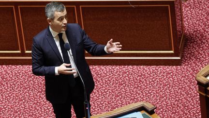 Le ministre de l'Intérieur, Gérald Darmanin, s'adresse au Sénat lors d'une séance de vote sur un projet de loi sur l'immigration au Sénat français, le 14 novembre 2023, à Paris. (GEOFFROY VAN DER HASSELT / AFP)