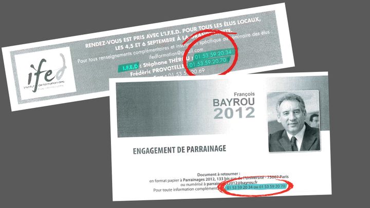 En haut : coordonnées de l’IFED, l’institut de formation lié au Modem. En bas :&nbsp;Engagement de parrainage de François Bayrou en 2012 à destination des élus. (RADIO FRANCE)